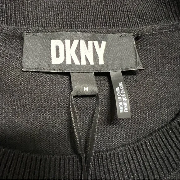 NWT DKNY Sequin Silver Bow Long Sleeves Round Neck Black Cotton Sweater Top M - Picture 4 of 12